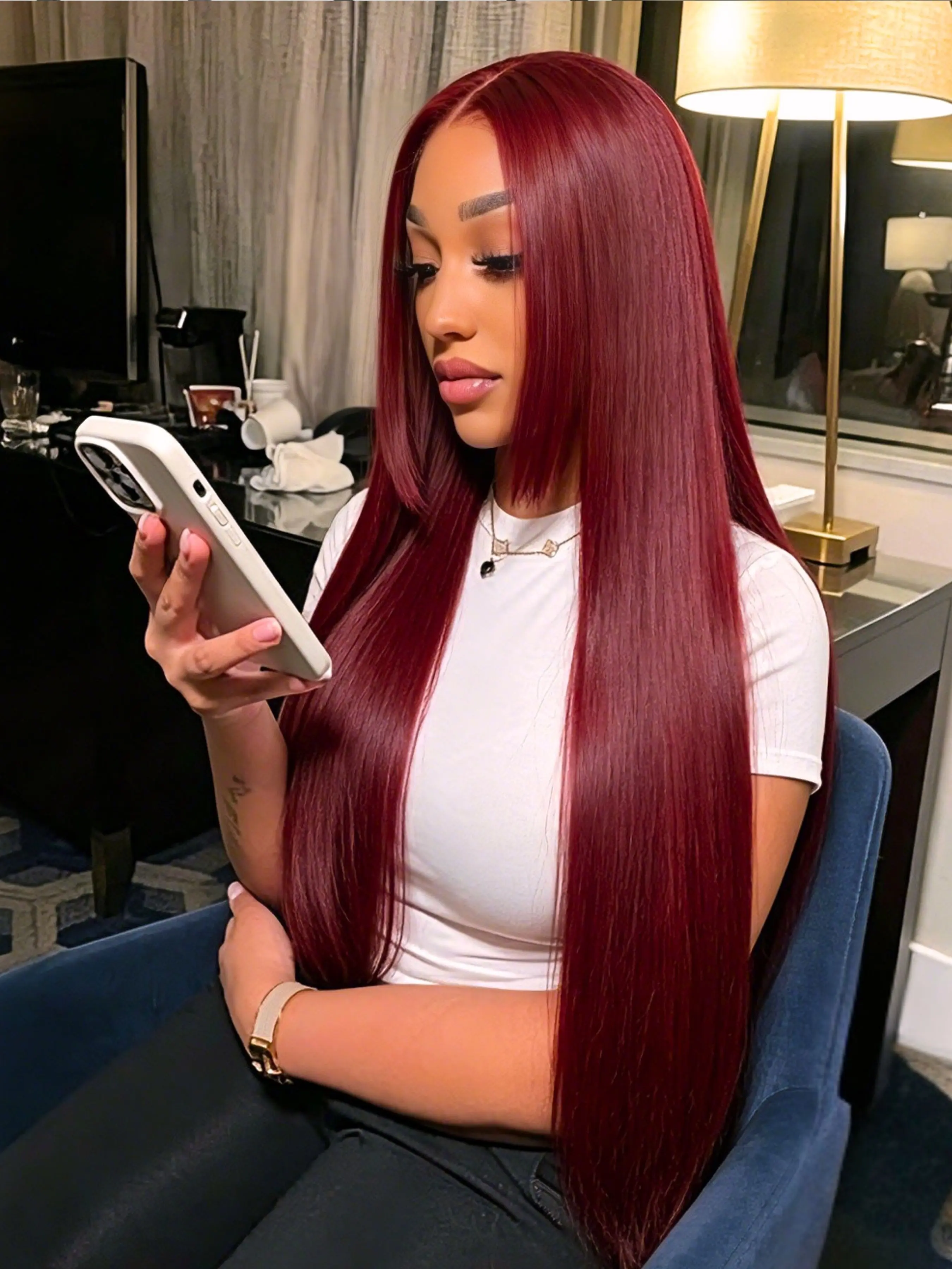 32" Cherry Burgundy Straight Lace Front Wig Long Sleek Heat-Friendly Synthetic Hair 13x4 HD Transparent Lace Pre-Plucked Natural Hairline Free Parting Glueless Part Wig for Daily Glam
