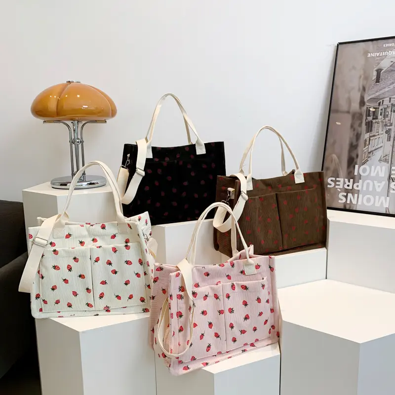 LisiZen Cute Strawberry Pattern Tote for Women, Casual Fabric Shoulder Bag with Front Pockets for Office, School & Daily Use, Tote Bags
