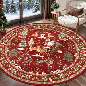 Round Christmas Santa Reindeer Carpet, American Vintage Style Rug, Pet-Friendly Non-Slip Soft Plush Mat, Foldable