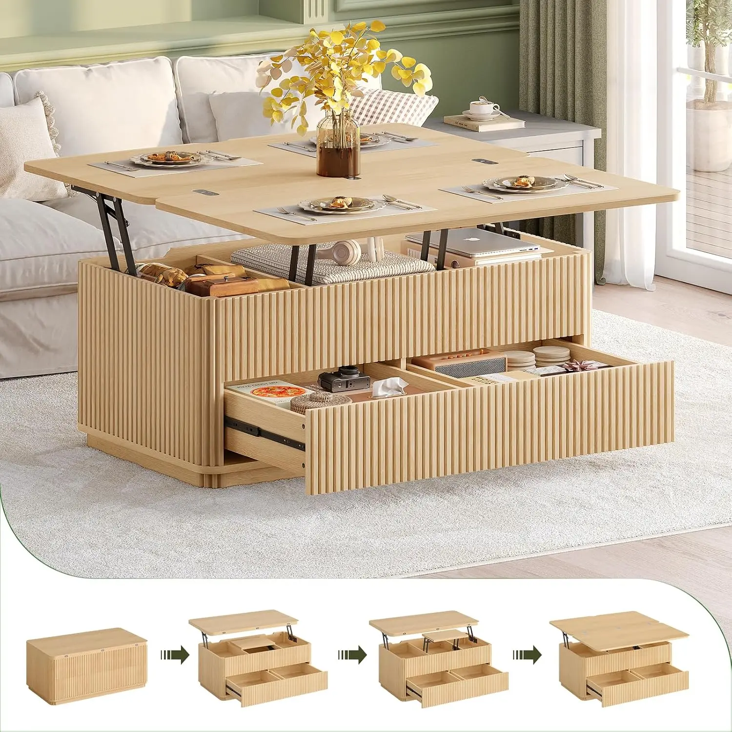 Itaar Fluted Lift Top Coffee Table with 2 Drawers and Hidden Storage,4 in 1 Convert Gaming/Reading/Dining Table, Large Storage Compartment, Fluted Panel Rounded Corners, Mid Century Modern