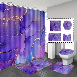 [Popular Choice]1pc/4pcs, bathroom curtains shower, bathroom set, shower curtains, bathroom rug, home decoration, bathroom mat, purple marble pattern, simple and luxurious theme decoration, bathroom set, with 12 hooks.