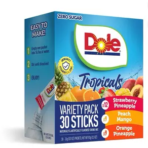 Dole Tropicals Zero Sugar Variety Pack 30 Sticks- Strawberry Pineapple, Peach Mango, & Orange Pineapple
