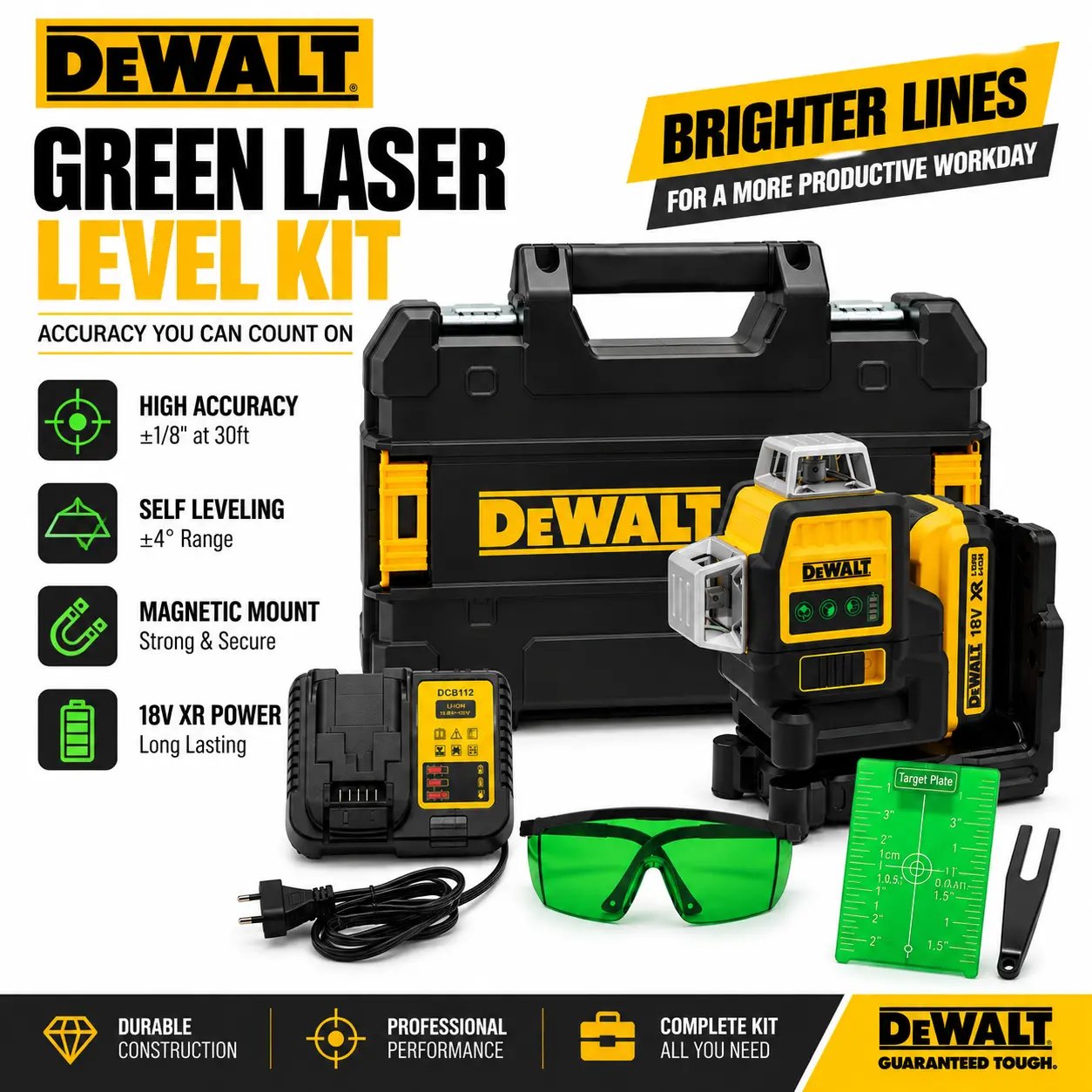 DEWALT 18V Cordless Green Laser Level Full Kit, Precision Leveling & Alignment, Durable ABS & Metal Build, Bright Green Beam, Adjustable Mounting Bracket, Flexible Setup for Tiling Work, Construction