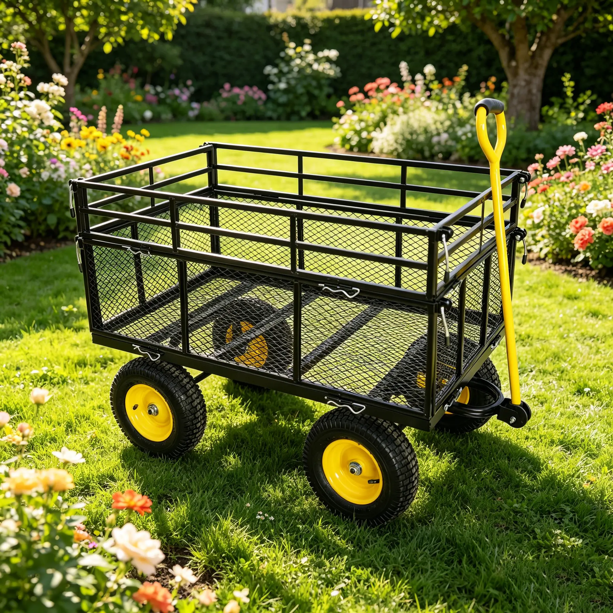 Heavy-Duty Metal Garden Cart with 600 lb Capacity and Inflatable Tires for Yard, Farm, and Firewood Hauling – Black