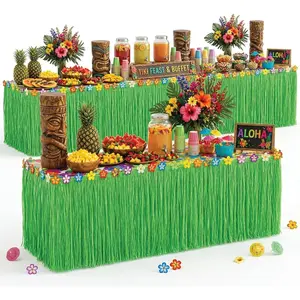 11ft to 30ft Stretch Hawaiian Table Skirt 29" Tall Green Hibiscus Luau Party Decoration Tropical Grass Table Cover for Tiki Beach Summer Parties (1 Table Skirt)