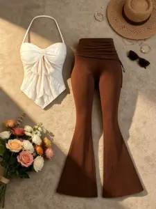 Sexy Lace Halter Top with Front Bow and Drawstring Flare Pants, Slim-Fit Casual Solid-Color Two-Piece Set for Women