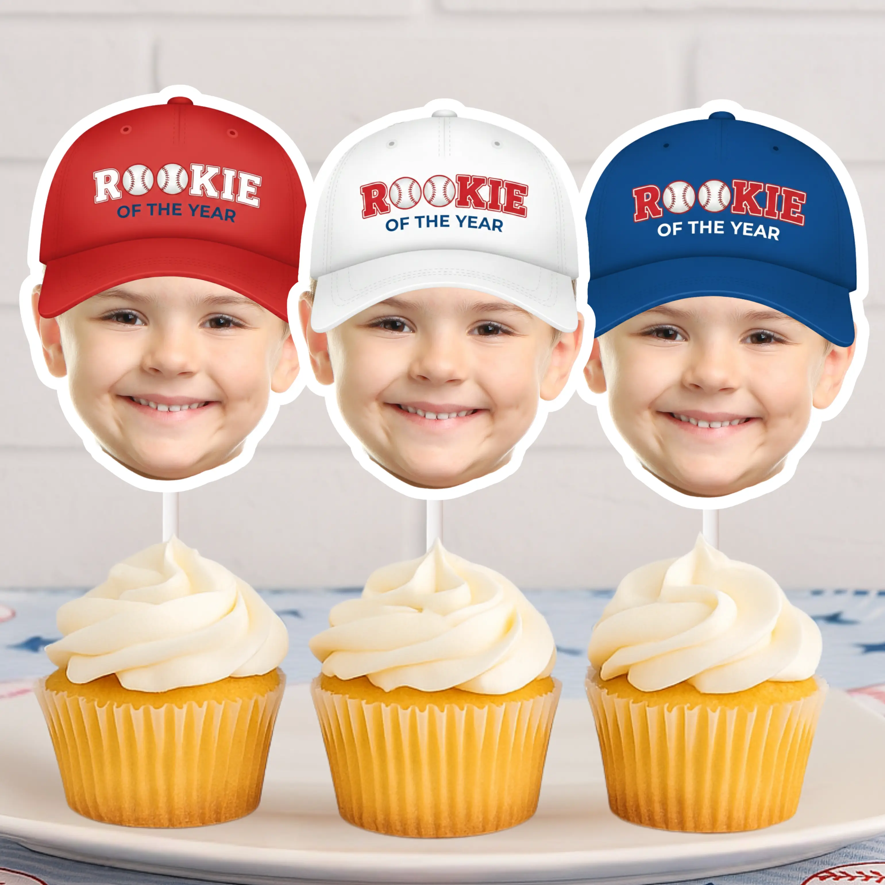 Baseball Cap Face Cupcake Toppers – Personalized Rookie All-Star Birthday Decor