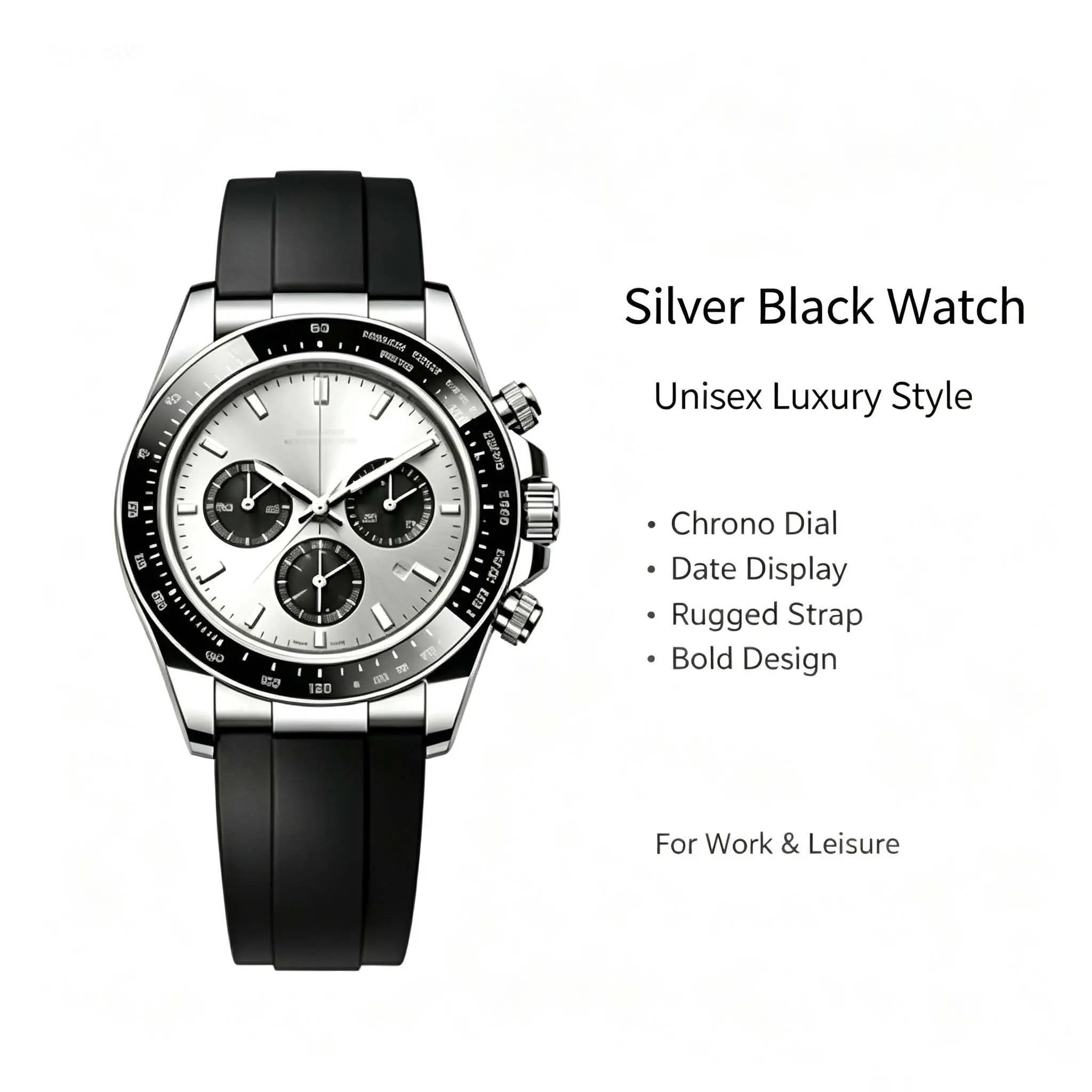 Silver Dial Chronograph Watch | Black Silicone Band Luxury Unisex Timepiece