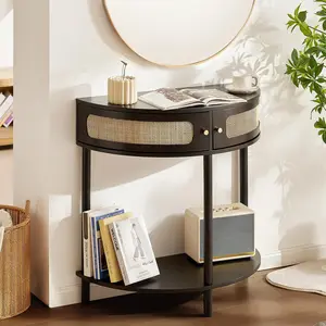 【Summervibes】VEVOR Half-moon Rattan Console Table with 2 Drawers, Rattan Entryway Table with Natural Rattan Sliding Door, Console Table with Storage for Living Room, Study, Entryway Or TV Wall, Black