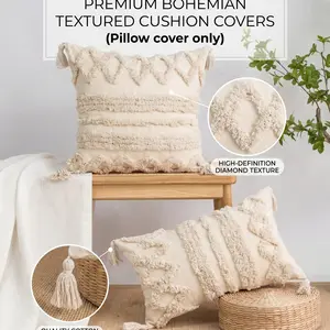 The Neutral Aesthetic You Need!  Elevate your space with these Geometric Tufted Boho Pillow Covers ， Thick 3D Texture & Tassels | Ultimate Room Refresh Must-Haves (PILLOW COVER ONLY/No Insert)