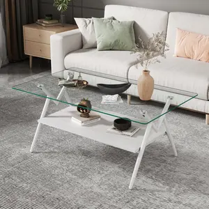 Rectangle Coffee Table with Tempered Glass Top and White Metal Legs Modern Living Room Table Transparent Glass Surface Sturdy Frame Easy Assembly Clear Coffee Table for Home Office Decor, Living Room Table for Sofa Side, Bedroom, Office