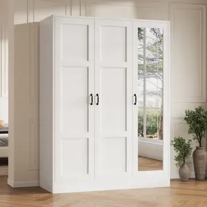 FUSOU 3-Door Wardrobe Closet with Full Length Mirror, Freestanding Storage Cabinet with Adjustable Shelves and Hanging Rod, Modern White Wood Armoire for Bedroom Organization