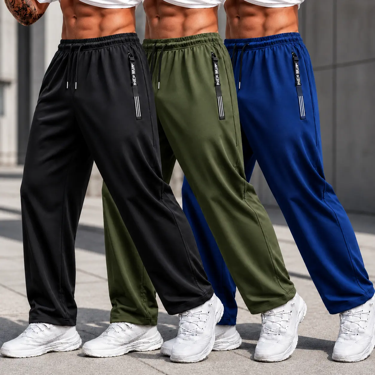 Men’s Ice Silk lightweight athletic track pants with zippered pockets, loose fit quick-dry casual sweatpants for gym, running, and everyday wear