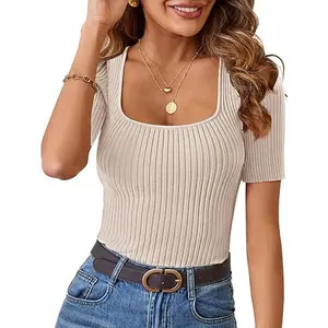 MEROKEETY Women's Square Neck Ribbed Short Sleeve T Shirts 2026 Summer Basic Slim Fit Knit Tee Tops Dressy Casual Blouse