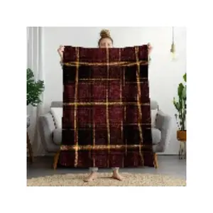 1pc All-Season Plush Flannel Blanket - Burgundy Golden Checkered Plaid In Brown/Beige/Tan - Soft Warm Bedspread For Sofa, Bed, Office - Luxury Cozy Throw With Plaid Pattern, Fits Queen/King Size Beds-30*40in