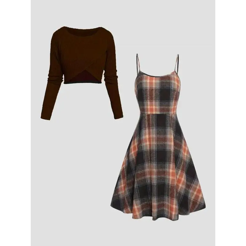 Women's Fashion Set solid-color trim crop top and plaid print A-line dress, a comfortable and stylish outfit for spring and autumn, suitable for everyday wear (gift) GARMENTARY - TikTok Shop Women's Fashion Set solid-color trim crop top and plaid print A-line dress, a comfortable and stylish outfit for spring and autumn, suitable for everyday wear (gift) GARMENTARY - TikTok Shop