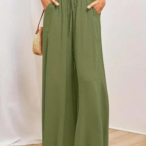 Women's Plain Pocket Drawstring Paper Bag Waist Wide Leg Pants, Casual High Waist Trousers for Fall, Back To School Pants for Women, Teacher Fall Outfits 2024, Women's Bottoms for Daily Wear, Fall Outfits, FallfreshnessGift