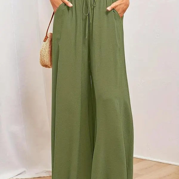 Women's Plain Pocket Drawstring Paper Bag Waist Wide Leg Pants, Casual High Waist Trousers for Fall, Back To School Pants for Women, Teacher Fall Outfits 2024, Women's Bottoms for Daily Wear, Fall Outfits, FallfreshnessGift