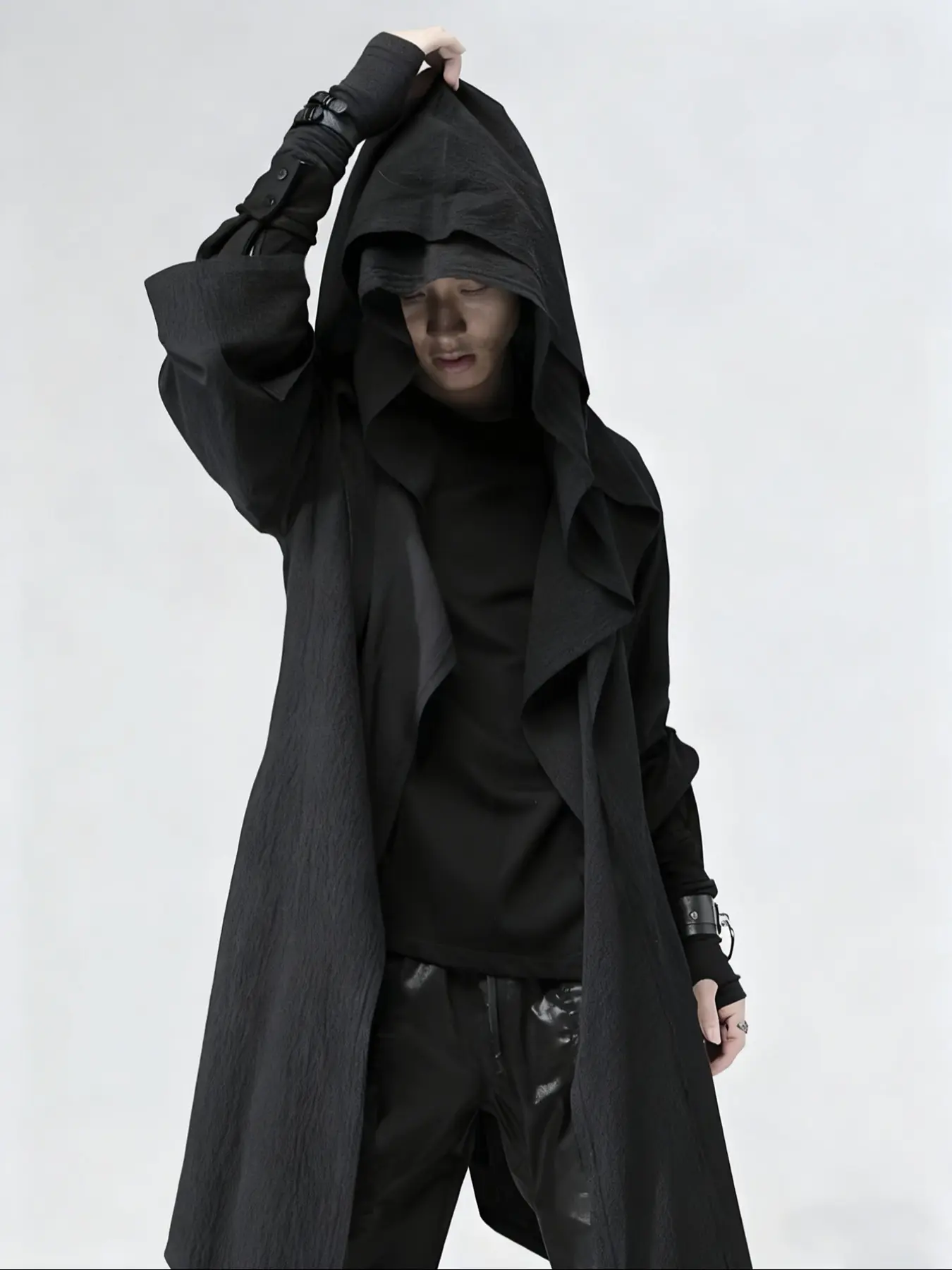 Men’s Dark Gothic Hooded Long Coat Oversized | Asymmetric Draped Cyberpunk Longline Jacket for Streetwear & Street Style Avant-Garde Aesthetic Looks Alternative