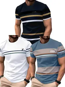 Men's Casual Sport Striped Athletic T-Shirt 3pcs, Neon &, Royal Blue, Lightweight Breathable, Machine-Washable, Bold Print, All Seasons, Sporty T Shirt