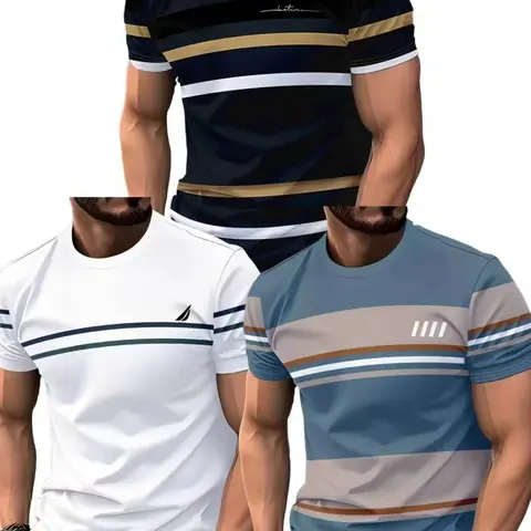 Men's Casual Sport T-Shirt 3pcs, Short Sleeve Round, Neon &, Royal Blue, Lightweight Breathable, Machine-Washable, Bold Print, All Seasons