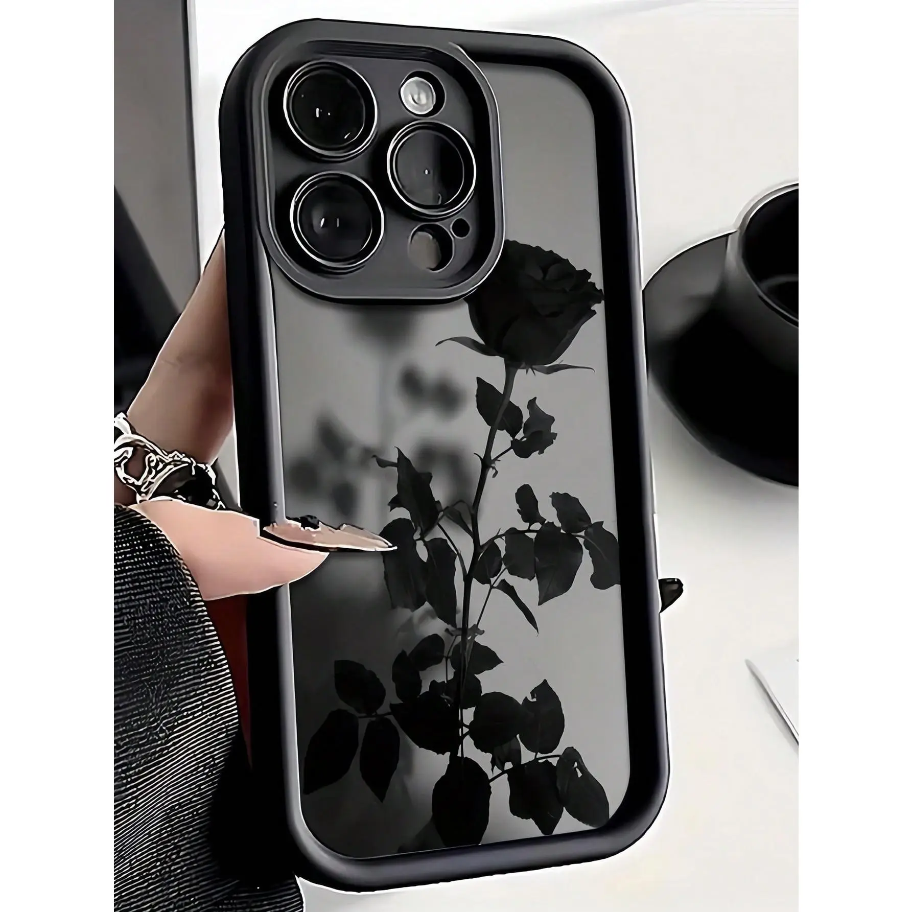 Black Rose TPU Shockproof Full-Coverage Case for iPhone 12/13/14/15/16/17, Handheld Device Accessory, Stylish Tech Protection, Ideal Holiday Gift for Personal Use or Friends, Accessories