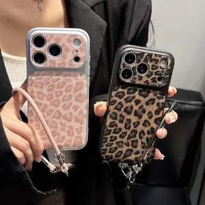Leopard Print Leather iPhone Case with Lanyard for iPhone 13/14/15/16 Pro Max, Retro Sweet Cool Style Full Coverage Cover