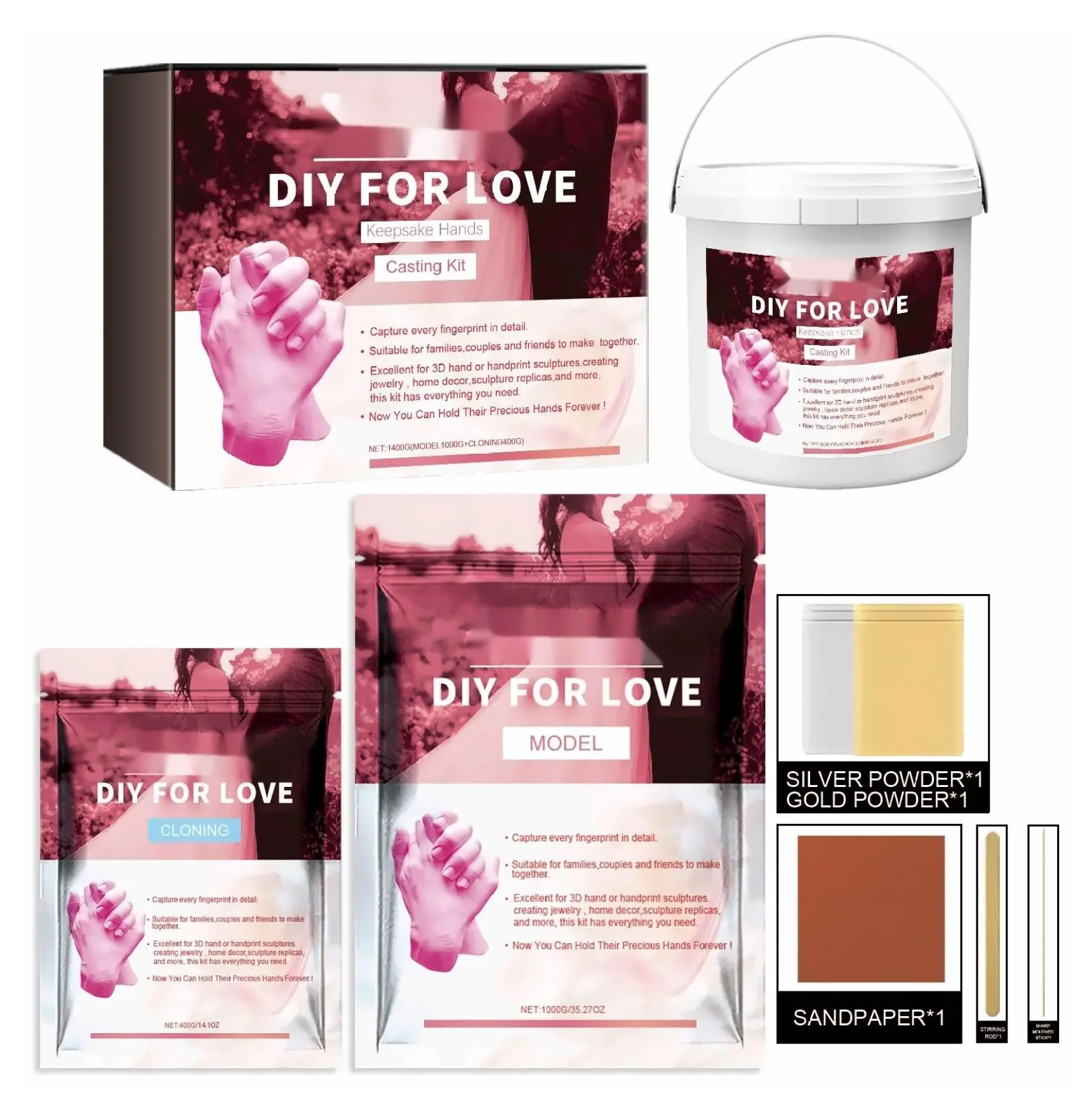Couple Hand Model Powder Kit, DIY 3D Hand Craft for Valentine's Day Gift - Fingerprint Replica, Love Witness Decoration, Easy Molding Powder Set 1pc