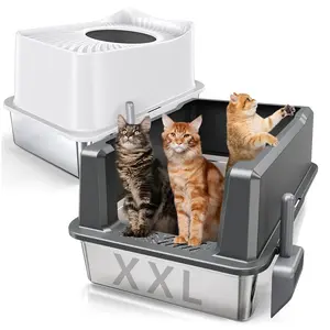 WoofiGo Stainless Steel Litter Box Combo — XXXL Open-Top High-Sided (27.8" L x 20" W x 14" H) + XXL Enclosed High-Wall with Lid (Metal Pan, Odor‑Resistant, Anti‑Urine Leakage, Easy Clean, Includes Scoop) — Extra Large for Big Cats & Multiple Cats