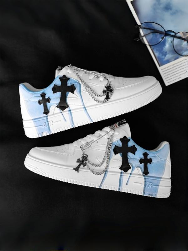 Klein Blue Trend Cross Sneakers - Metal Chain Decoration + Leather Cross Label + Breathable Perforated Upper, Suitable for Street Outfits & Daily Leisure, Eye-Catching Personality Comfortable & Breathable Trendy & Adaptable Strong Fashion Sense