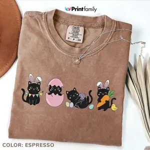 Comfort Colors Black Cat Easter T-Shirt, Cute Easter T-Shirt, Cat Lover Gift, Spring Vibe Tee Crewneck - Printfamily