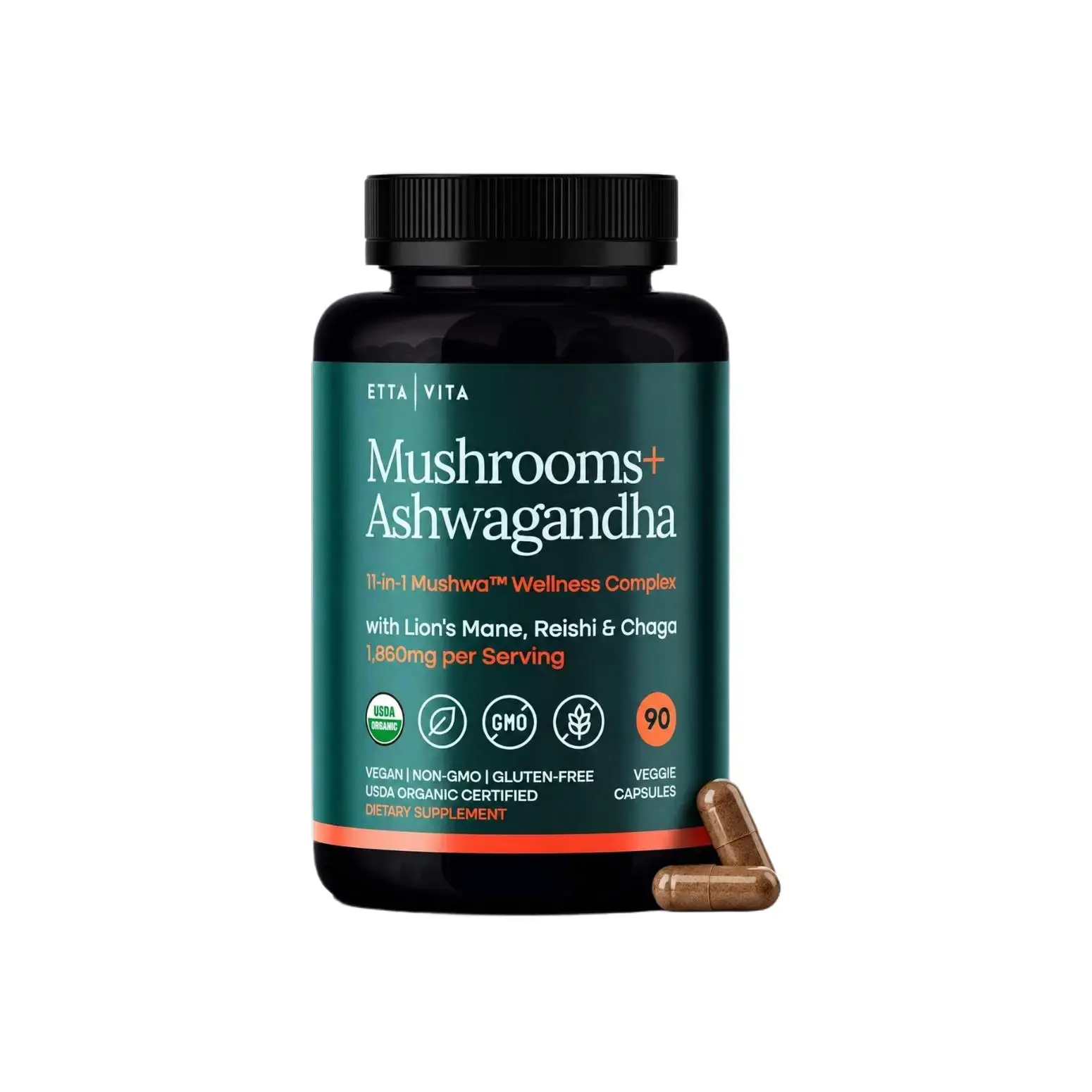 USDA Organic Lions Mane Supplement Capsule, 11-in1 Mushroom Complex 90ct | with Ashwagandha, Chaga, Reishi, Cordyceps, Turkey tail | Natural energy, Focus & Immunity Support Formula