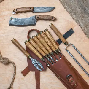 BBQ Skewer Set with Knife & Cleaver in Leather Case