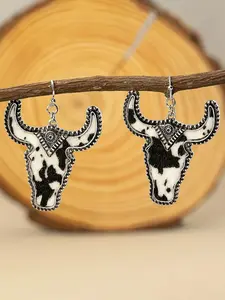 Vintage Cow Head Shaped Dangle Earrings (1 Pair), Western Cowboy Style Leopard & Cow Print Earrings, Hollow Out Design Earrings for Women, Trendy Jewelry Gift for Party and Daily Life, Casual Yet Chic