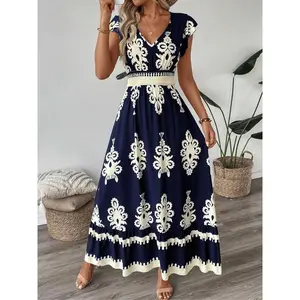 ��Plus Size�� Ethnic Pattern V Neck Dress, Boho Cap Sleeve Long Dress for Beach Holiday Vacation, Women's Clothes for Summer, Bohemian Boho FashionGift