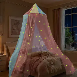 Rainbow Bed Canopy for Girls with Glowing Stars Canopy Bed Curtains Fits Single Twin Full Queen Size Kids Princess Mosquito Net Rainbow Bedroom Accessories Netting Room Decor Ceiling Tent Girls Gifts