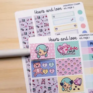Hearts and Love Cousin Kit Angie Hobo Planner Kit Sticker Sheet Valentines Day Hobonichi Bujo Cute Kawaii Chibi Girl