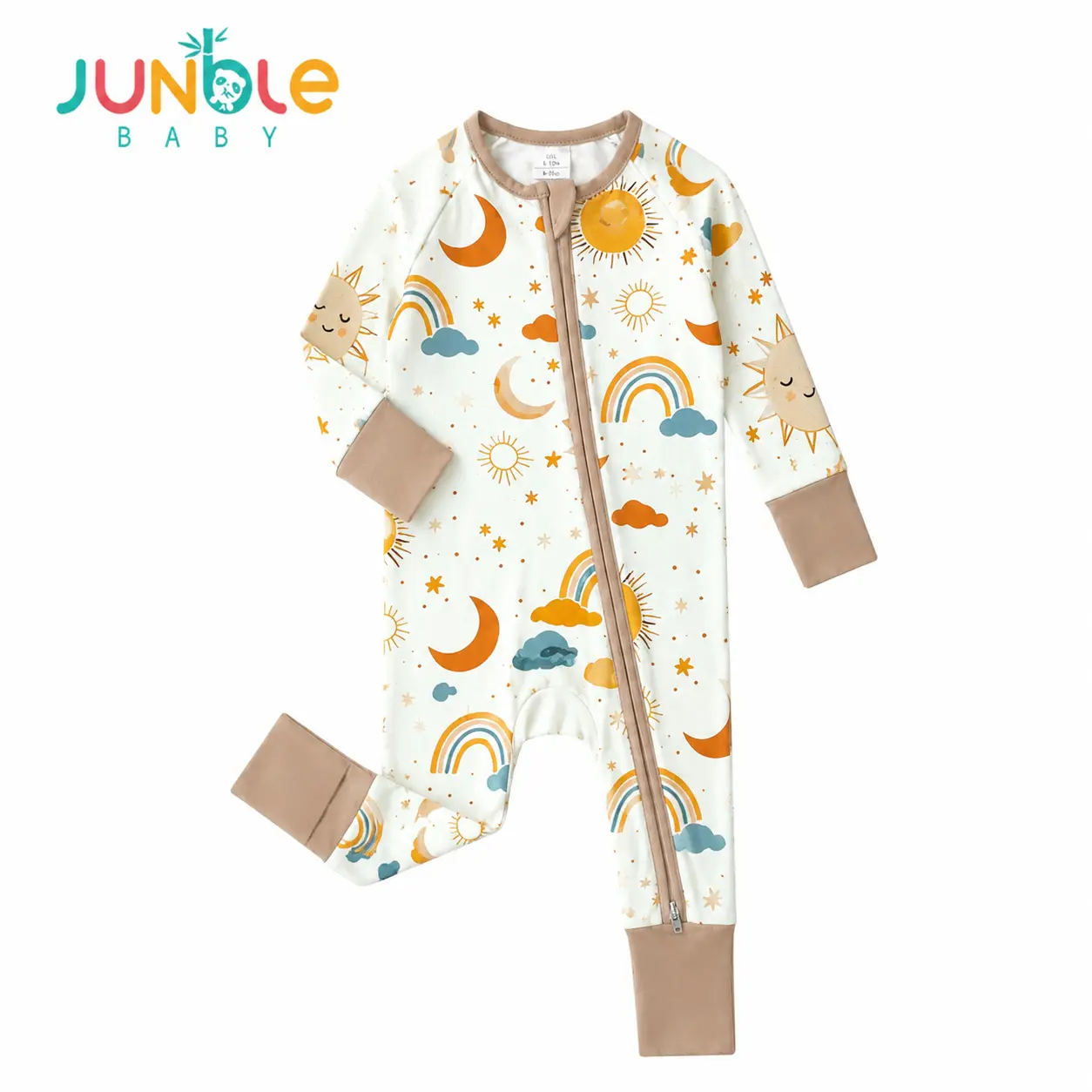 JUNBLEBABY Unisex Baby Bamboo Blend Long Sleeve Footie Pajama, All-Season Sun & Moon Print with Double Zipper and Reversible Footies, Bodysuit, Sun Moon Stars, Machine Washable