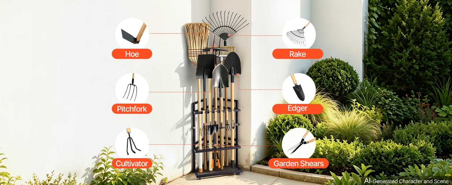VEVOR Garden Tool Organizer for Corner, 17 Slots, Metal Garage Storage Rack, for Rakes/Shovels/Brooms, Yard Utility Tool Holder for Shed/Outdoor/Lawn Organization, Heavy-Duty Steel, with Hooks, Black VEVOR Garden Tool Organizer for Corner, 17 Slots, Metal Garage Storage Rack, for Rakes/Shovels/Brooms, Yard Utility Tool Holder for Shed/Outdoor/Lawn Organization, Heavy-Duty Steel, with Hooks, Black