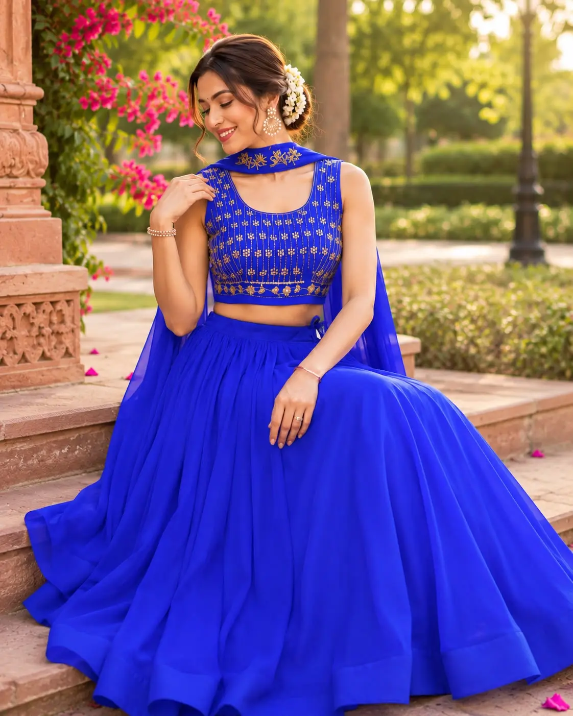 Luxury Royal Blue Lehenga Set – Georgette with Hand Embroidered Blouse & Choker Dupatta