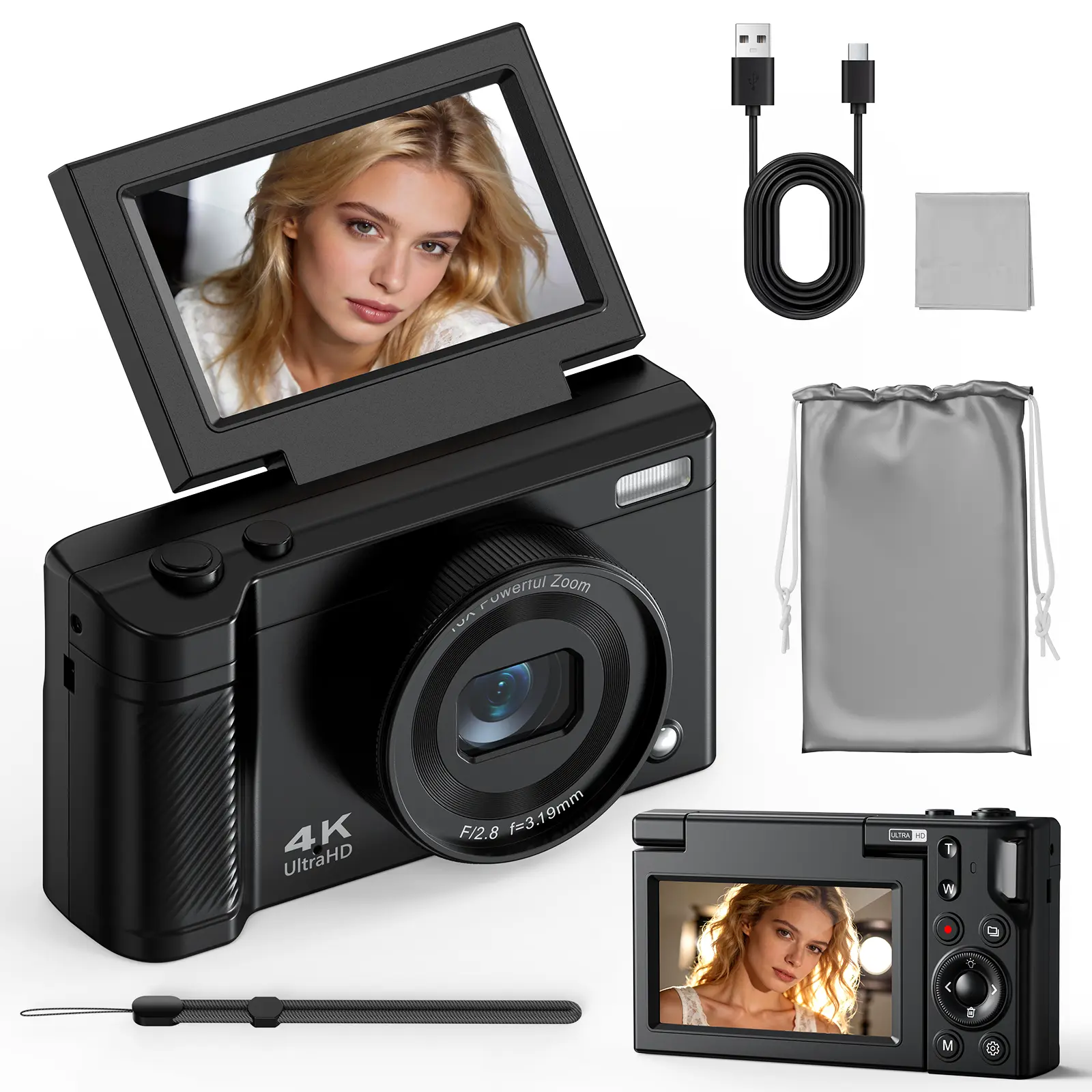 Compact Digital Camera for Children 13MP CMOS Sensor 32G SD Card 4K Video Recording 3.0 TFT LCD Screen 16X Zoom 2000mAh Battery USB Type-C Charging