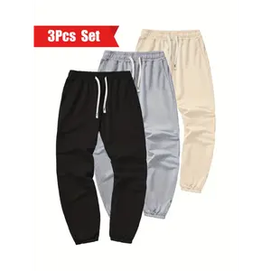 3Pcs Set of Soft, Stretchy Mens Regular Fit Cuffed Sweatpants - Casual Wear with Drawstring Waist, Multiple Pockets, Machine Washable, Perfect for Jogging, Outdoors Sports, and Everyday Comfort