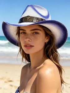 Gradient Western Cowboy Straw Hat, Wide Brim Breathable Sun Protection, Windproof Adjustable Strap, Unisex Vintage Style, Outdoor Camping, Beach Vacation