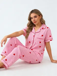 Sweet Style Pink White Stripe Heart Pajama Set for Women, Button Down Short Sleeve Long Pants, Spring Summer Breathable Casual Loungewear, Heart Print, Cozy Home Outfit Nightwear, Pjs