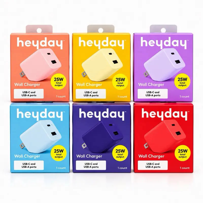 heyday 25W Dual Port Wall Charger USB-C 20W & USB-A 5W, Foldable Plug, Multiple Colors