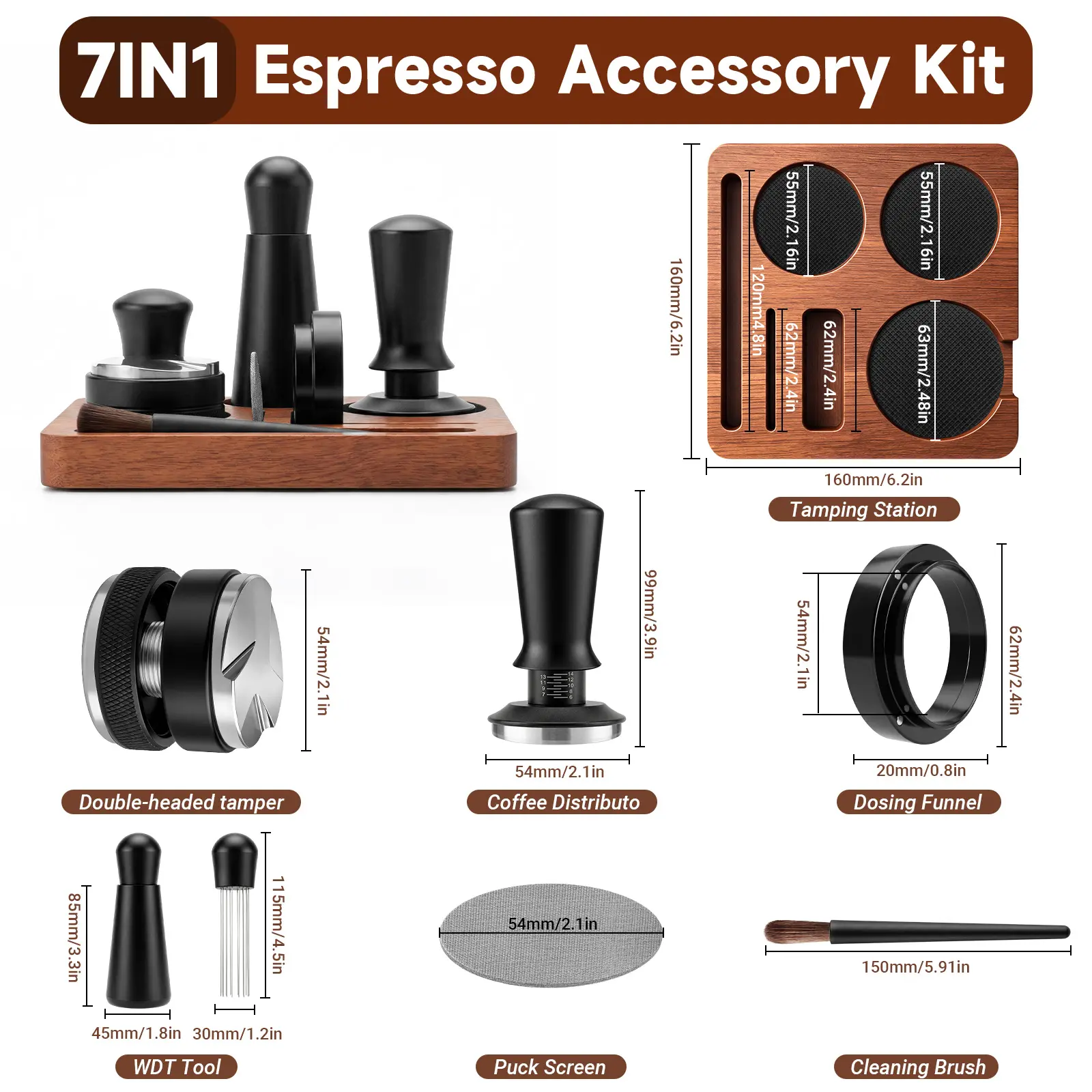 SXHELECOK 7 PCS Espresso Accessories Kit,54mm Dual Head Coffee Distributor, Espresso Tamper with Wood Espresso Tamping Station,Stirrer, Dosing Funnel,Brush,Puck Screen,WDT Tool Fits 54mm Espresso Portafilter
