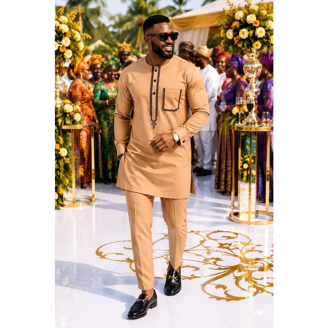 Luxury Men's African Wedding Guest Attire Brown Embroidered Cotton Shirt & Pants 2-Piece Outfit for Groom Groomsmen Aso Ebi Father of The Bride Engagement Party Naming Ceremony Graduation Church Birthday Dinner Dashiki Buba & Sokoto