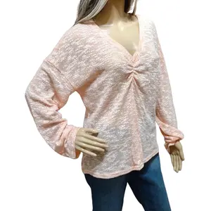 Women's Peach Open Knit Sheer Loose Fit Oversize Long Sleeve V Neck Blouse Top for Women Blouses - Tops for Women