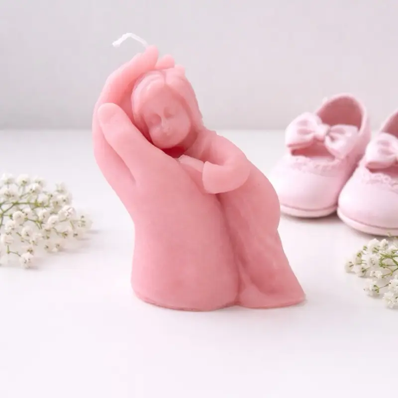 Mother and Baby Pillar Candle - Pink Hand Holding Baby Design for Nursery Decor