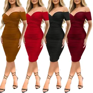Women's Nightclub Off-shoulder Short Sleeve Dress Sexy Off The Shoulder Midi Dress Ruched Bodycon Dresses
